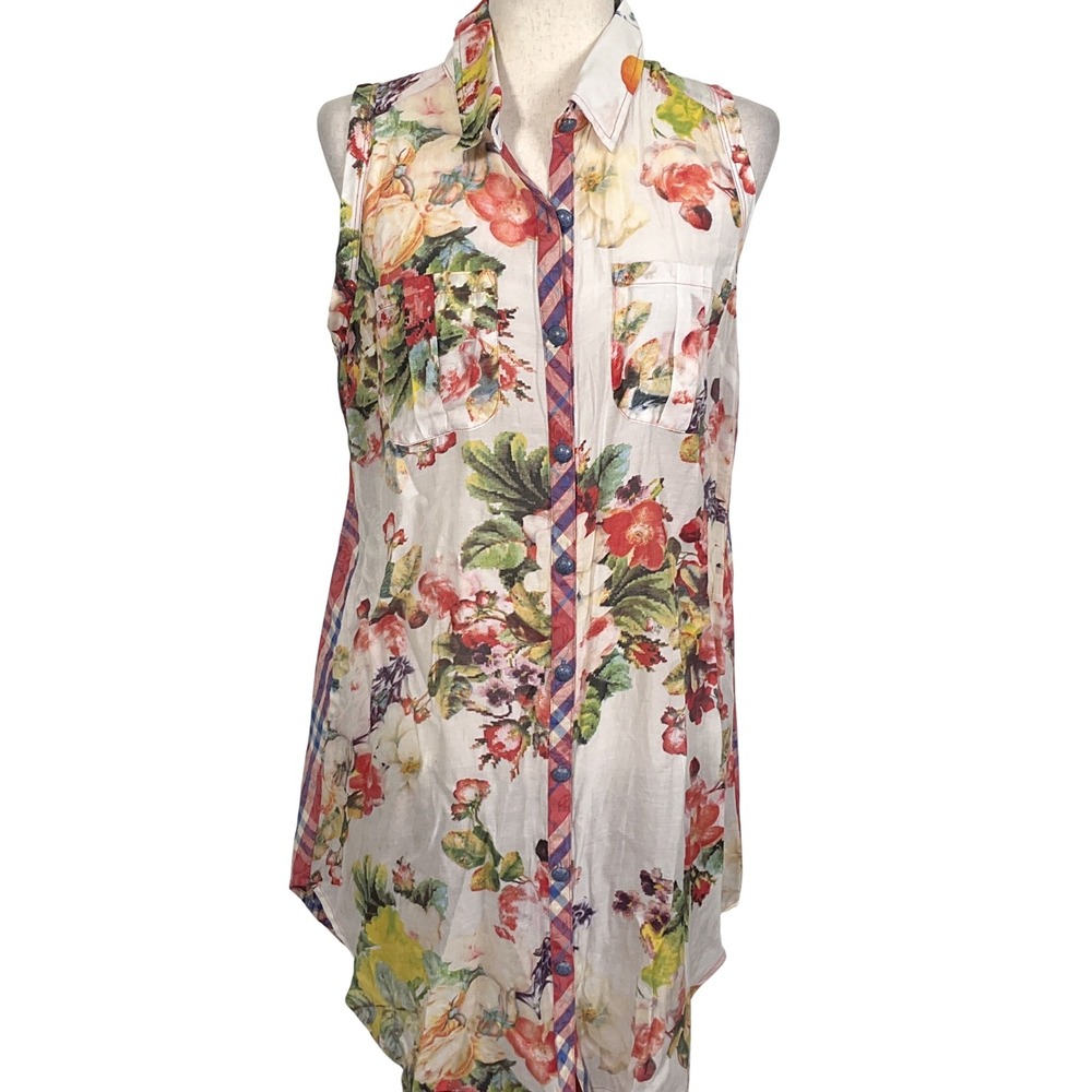 Cyrena Shirt‎ Dress Women L Red Blue Floral Plaid Sleeveless Beach Resortwear